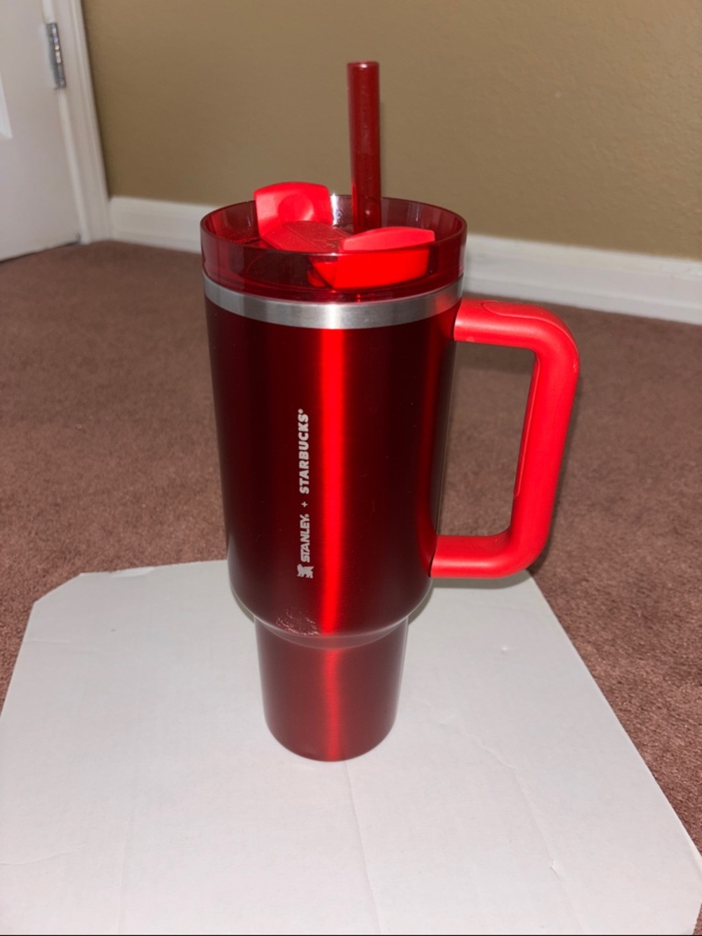 Stanley Red Stainless Steel Travel Mug with Handle and Straw tumbler 40oz  B 23
